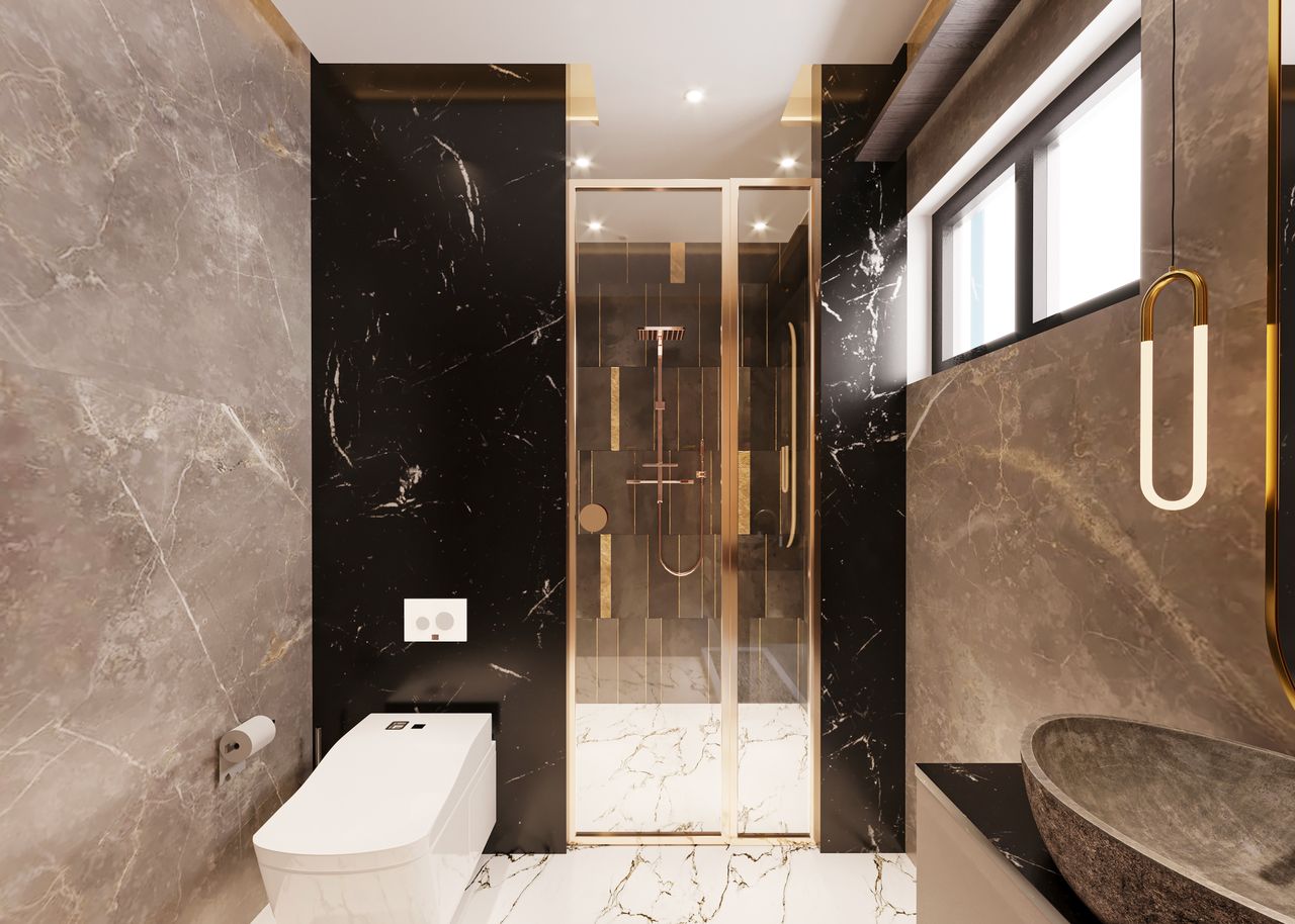 Crafting Captivating Headlines: Your awesome post title goes here Elegant bathroom with marble decor and modern fixtures featuring a shower, toilet, and basin.